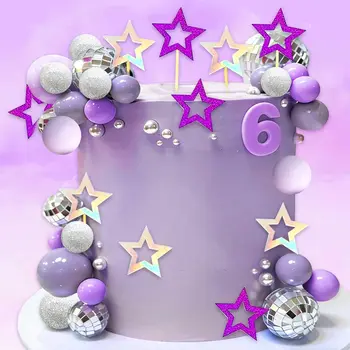 Disco Ball & Star Cake Topper Set, Purple Silver Ball Toppers, Star Picks for Disco…