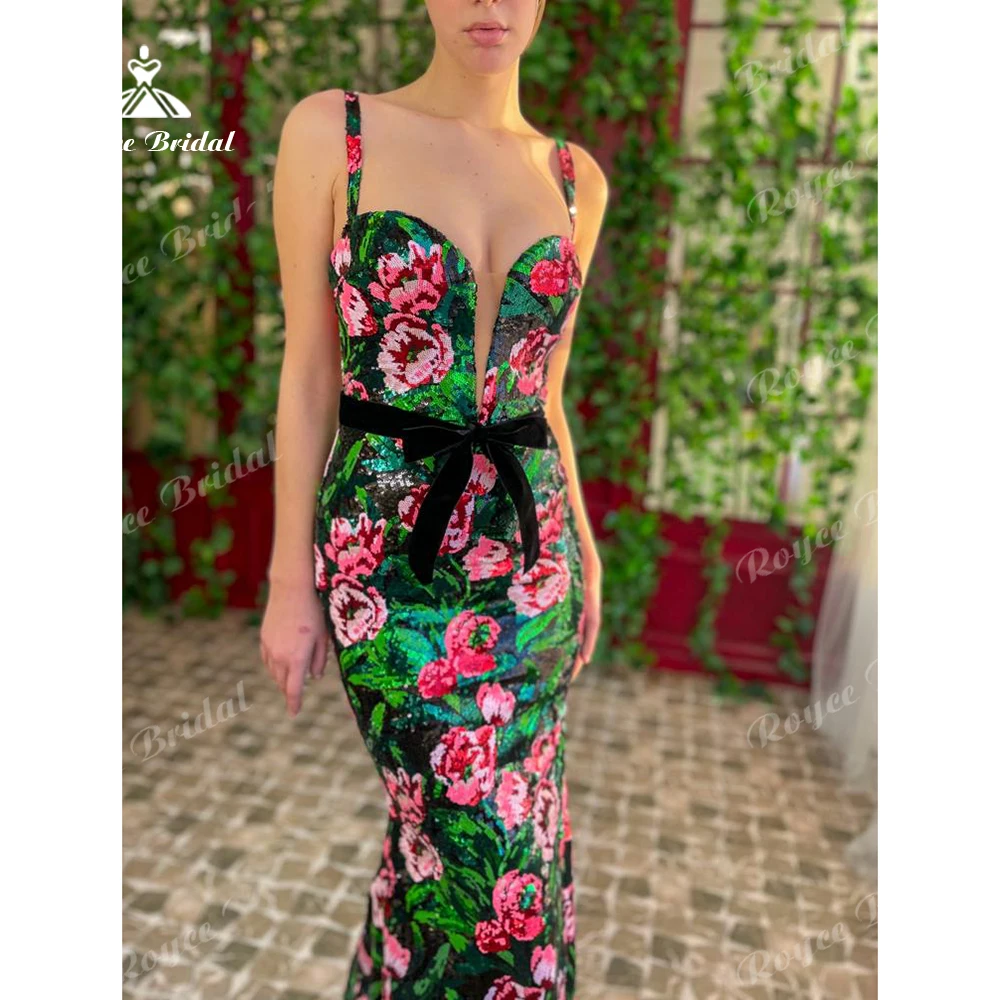 Colorful Floral Sequin Prom Dress Deep V Evening Dress Spaghetti Strap Mermaid Women's Formal Evening Gowns Customized