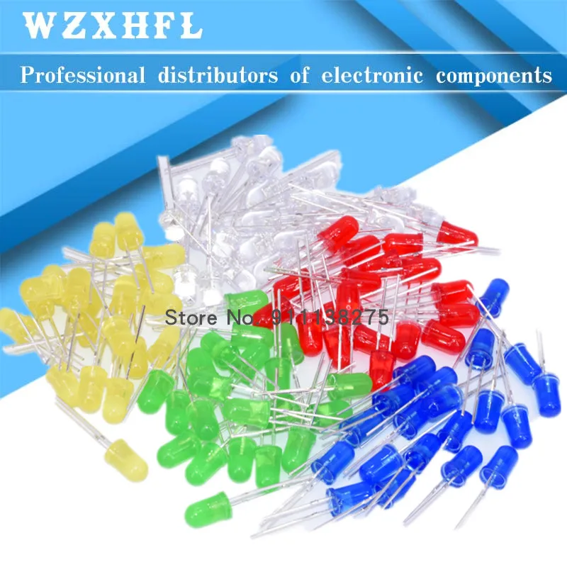 100Pcs/lot 5 Colors F5 5MM Round LED Assortment Kit Ultra Bright Diffused Green/Yellow/Blue/White/Red Light Emitting Diode