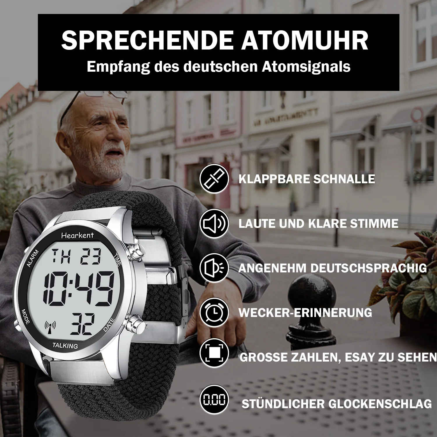 Hearkent Deutsche sprechende Uhr für Blinde/ältere Menschen, Sehbehinderte, Touch-Taste, Stimme, Herren-Digitaluhr, Atomuhr, Armbanduhr