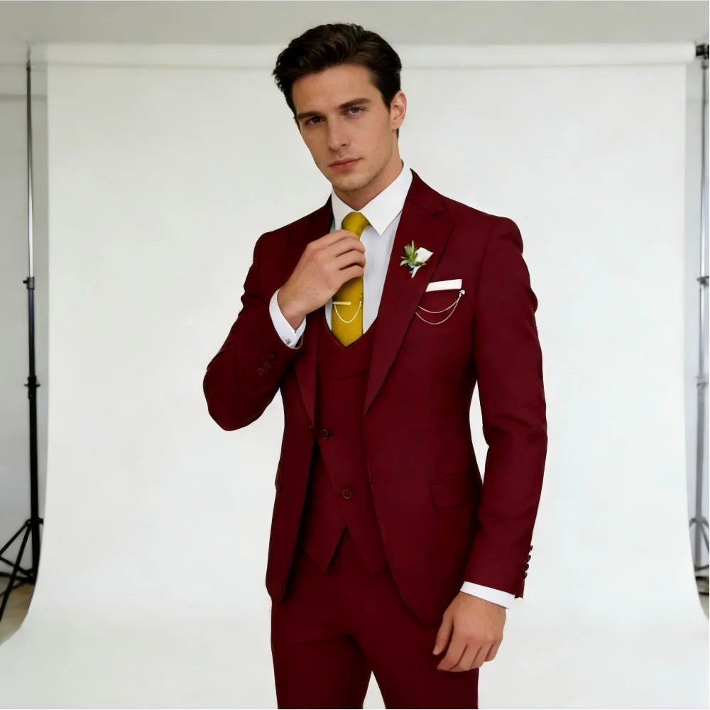 Men Suit 3 Piece  Flat Collar Single Buckle Jacket Vest  Pants Suitable For Weddings Business Casual Premium And Textured