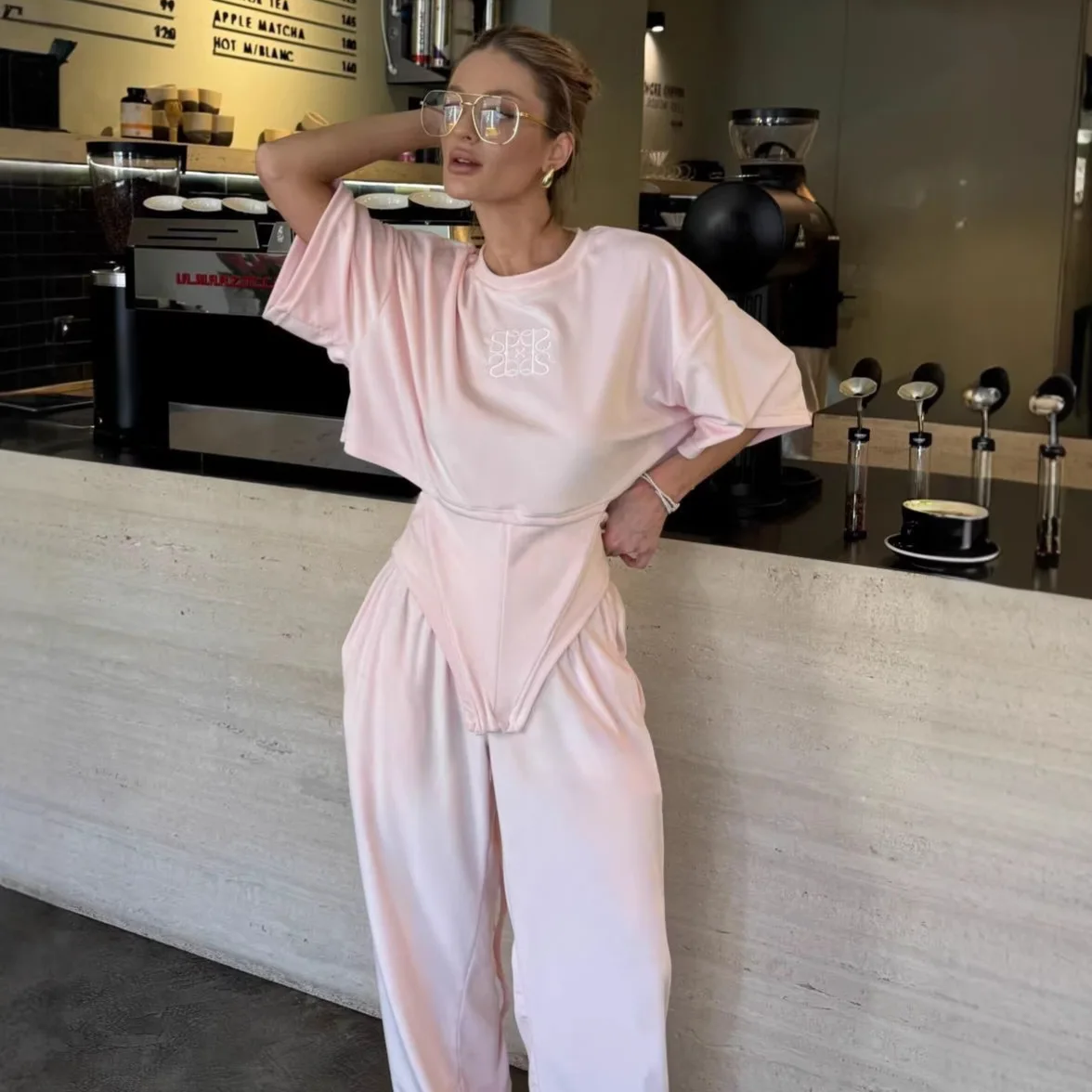 

2026 Summer Women's Fashion Round Neck Irregular Short Sleeve Tops High Waist Wide Leg Pants Two Piece Set