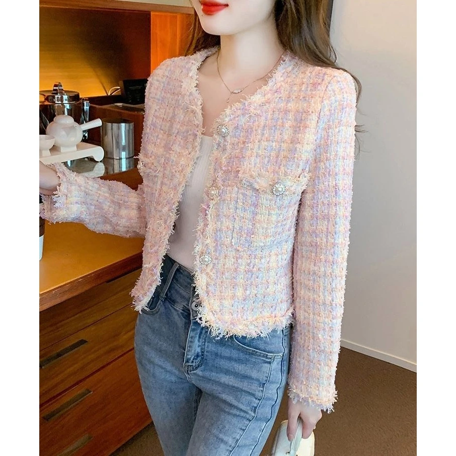 Nueva ropa de abrigo holgada y deshilachada de lujo, abrigo ort versátil para mujer, temporada de primavera, tela de Tweed