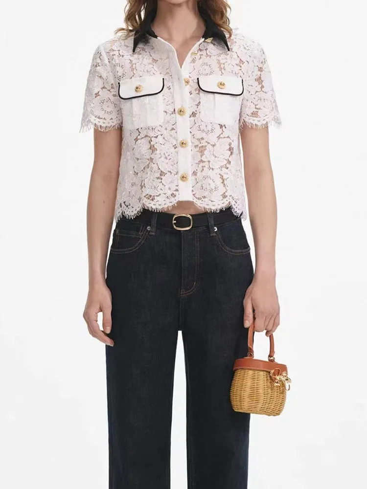 

Woman clothing y2k summer lace hollow short-sleeved T-shirt color collision lapel loose Women shirts2025 fashion new Women top