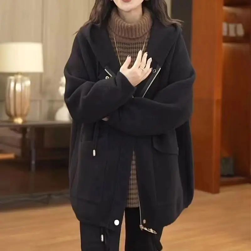 Modny płaszcz z kapturem, luźny, średniej długości, damski płaszcz jesienno-zimowy, ocieplany pluszem, kardigan, kurtka, sweter damski.