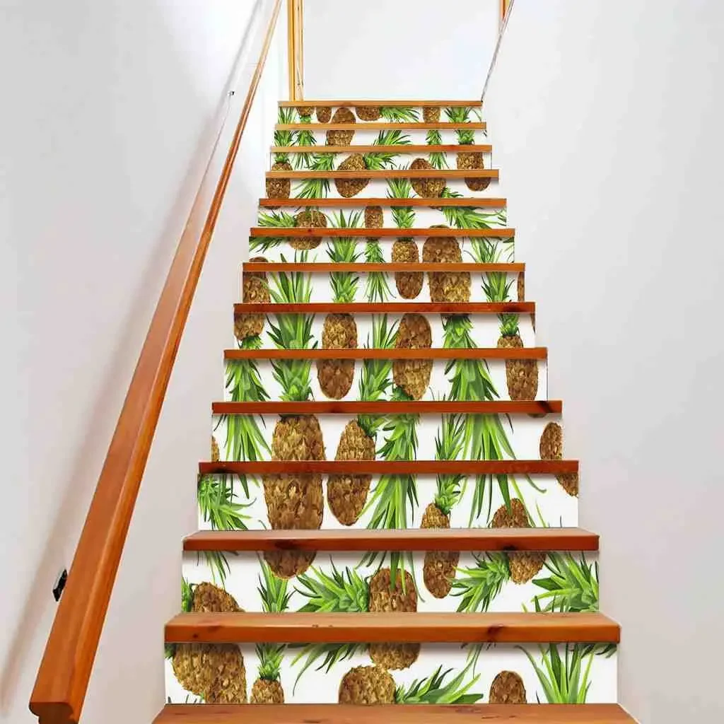 Pineapple Stair Stickers Psychedelic Tropical Fruits Staircase Sticker Decals Green Leaf Stairs Riser Stairway Murals Home Decor