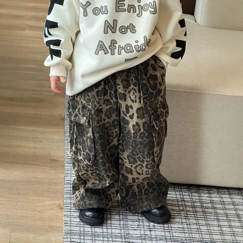 Boys 2025 Spring and Autumn New Work Pants Children Baby Personality Handsome Leopard Pattern Trendy Pants Loose