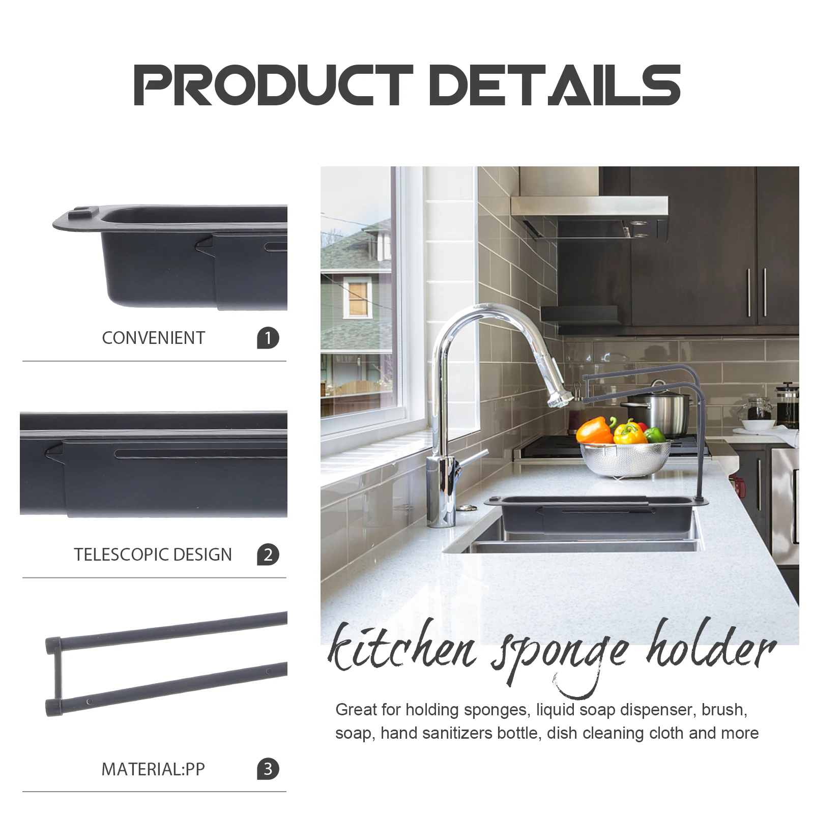 

Telescopic Drainer Basket Sink Sponge Holders Towel Rack for Kitchen Black Dish Draining