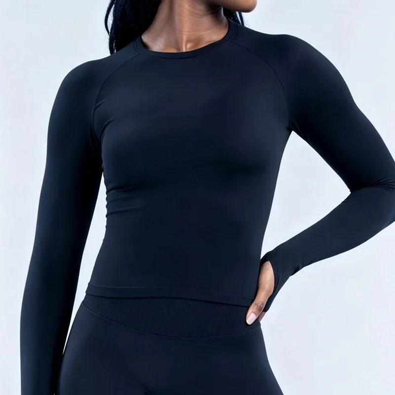 Damen Langarm Yoga-Oberteil mit Rundhalsausschnitt, Raglanärmeln und Daumenlöchern, Slim Fit Cropped Workout-Shirt, Nahtlos Atmungsaktives Sport-Lauf-Gym-Top – Detail 3