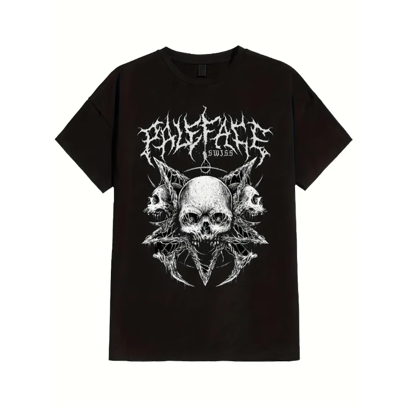 Men's black printed T-shirt, white Swiss skull shirt