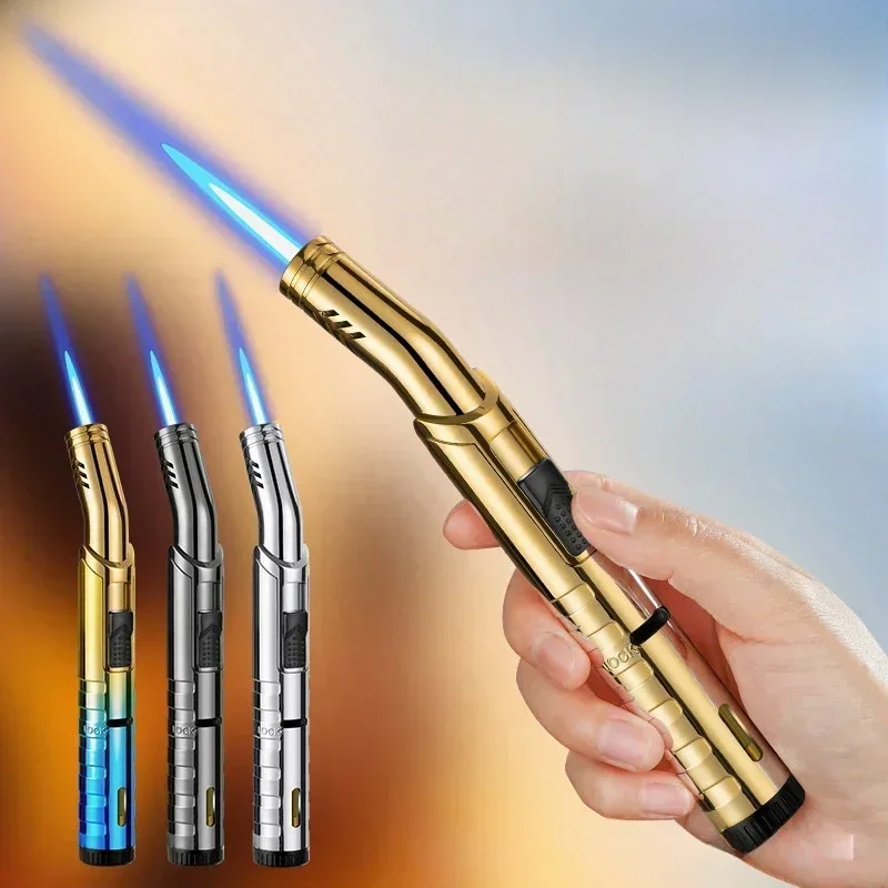 Outdoor Windproof Barbecue Igniter Metal Turbine Torch Blue Flame Butane Gas Lighter Kitchen Jewelry Welding Tool Safety Lock