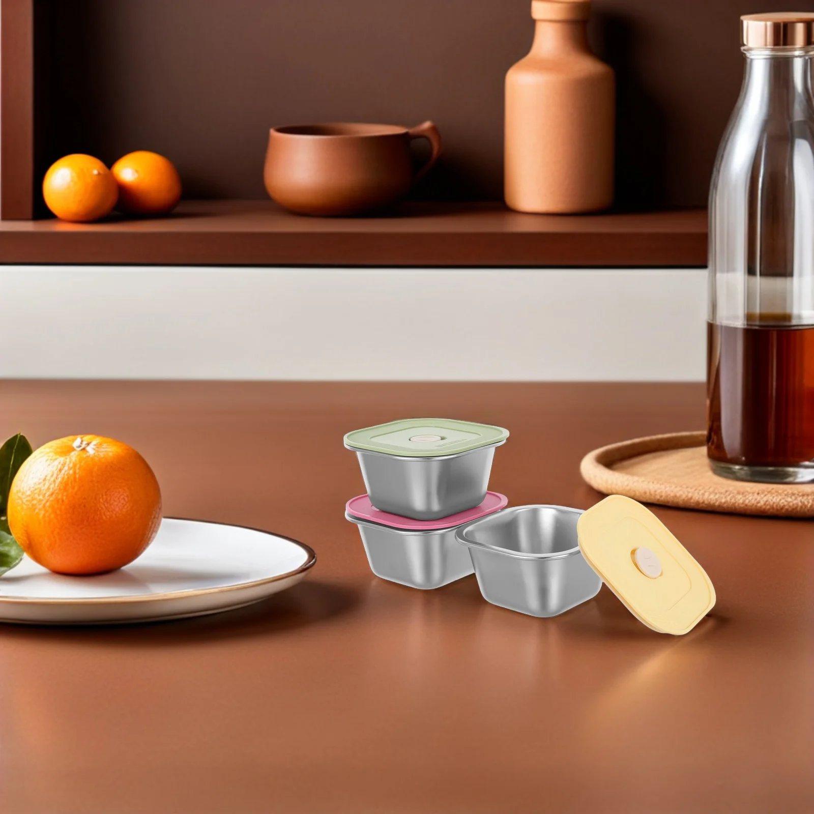 

3Pcs Stainless Steel Snack Box with Silicone Lid Portable Meal Prep Container for School Travel Picnic Reusable Sauce Jar Salad