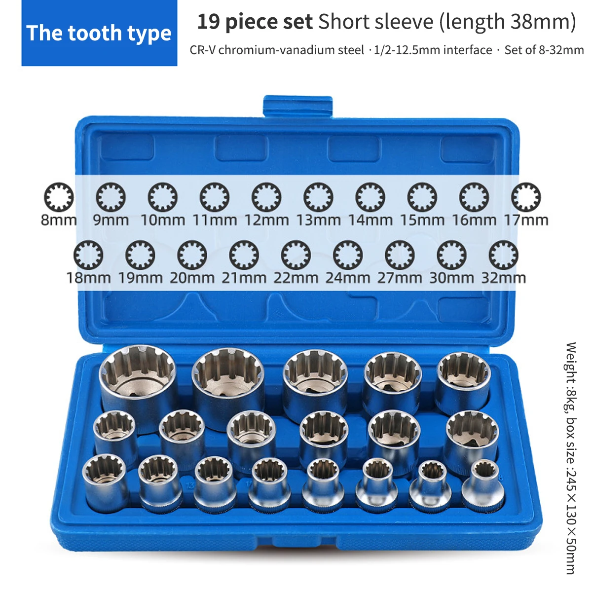 19Pcs Socket Bit Set 1/2 Inch Tool 8-32mm Multi-tooth Nuts Torx Vehicle Repair Tool Kit