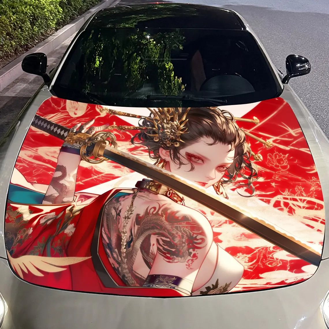 Cool Tattoo Geisha Auto-Vinylfolie, wasserdichter PVC-Autohaubenaufkleber, selbstklebende, kratzfeste Aufkleber für die Motorabdeckung, C