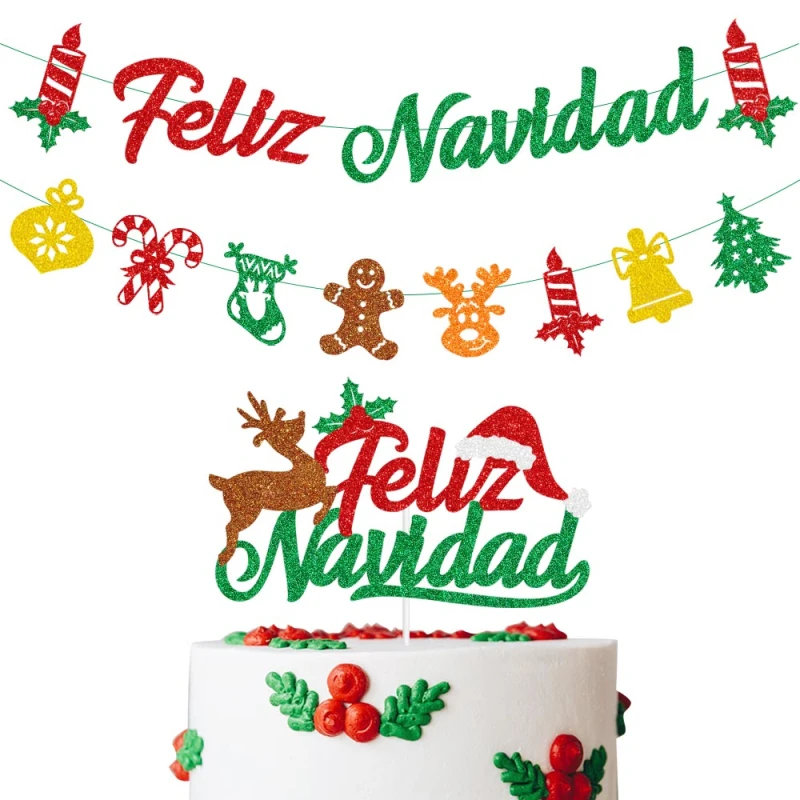 Feliz Navidad español Feliz Navidad pastel Topper Feliz Año Nuevo banderas Banner fiesta de Navidad pastel hornear suministros de decoración de Navidad