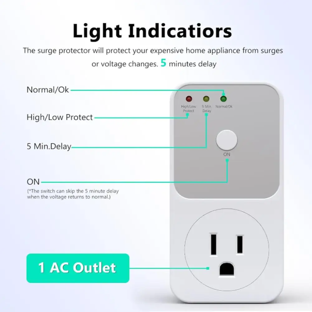 Automatic Delay Voltage Protector 1800W 15A 120V with 5 to 6 Minute Restart Delay and Indicator Light for Fridge and Electronics