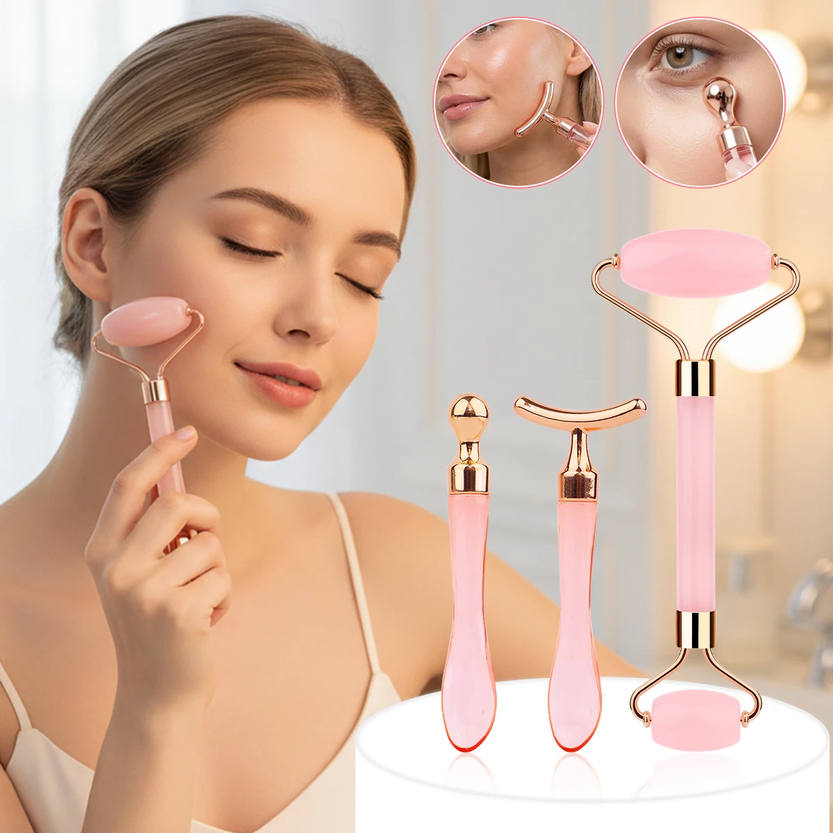 3pcs Double-Headed Roller Massager and Eye Cream Massage Set to Help Lift Facial Skin, a Family Massage Tool.
