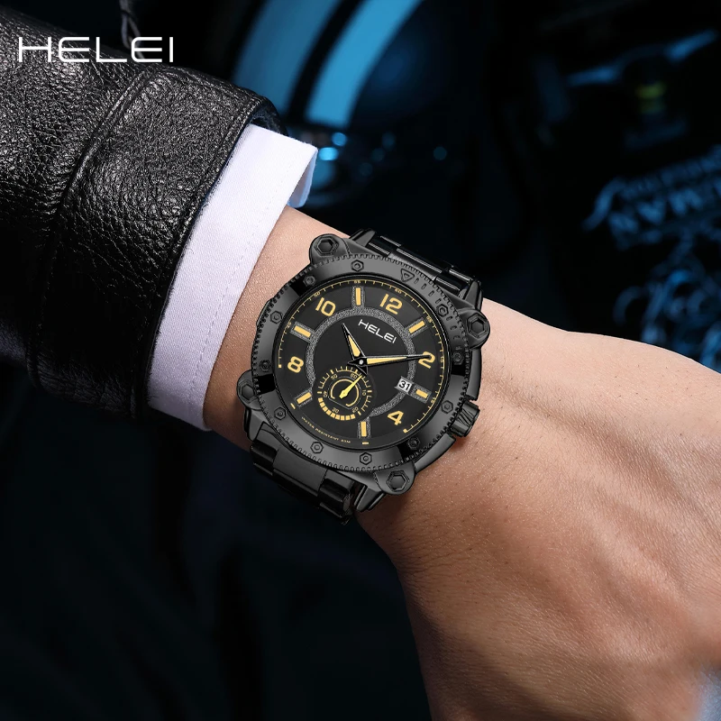 Helei Luxus Herren uhr Edelstahl Sport leuchtende Mode Quarz Herrenmode Quarzuhr wasserdicht leuchtend