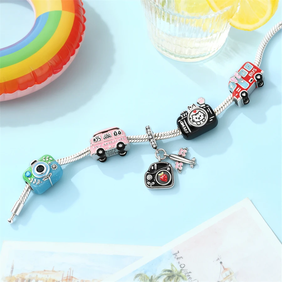 925 Silver Red Bus Beads Camera Charm Fashion Woman Sweet Beginnings Pendant Fit Pandach 925 Original Bracelets DIY Jewelry Gift