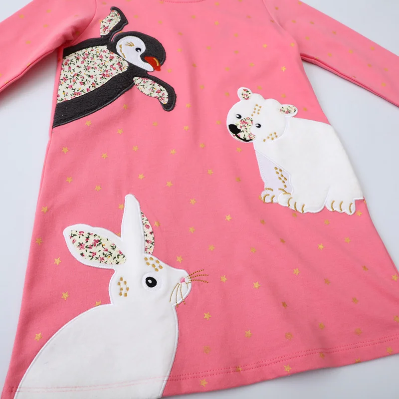 Metri da salto Abiti da principessa per ragazze a maniche lunghe rosa Animali Applique Abiti per bambini Moda per feste Abiti per bambini