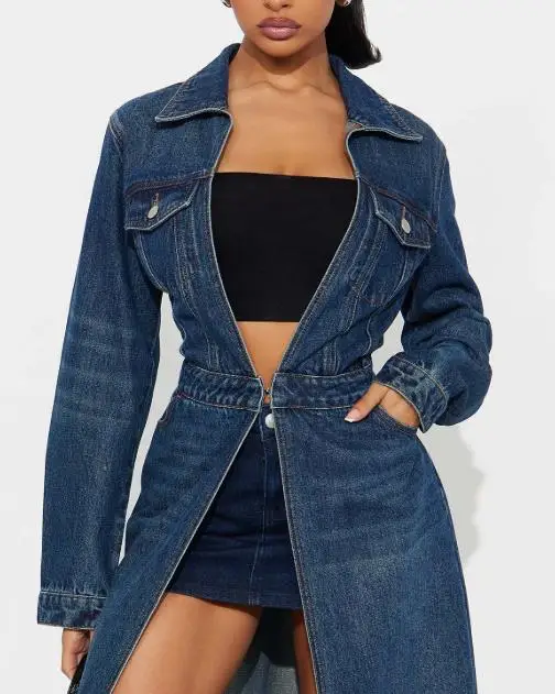 

Women's Jacket 2026 Spring New Solid Color Pocket Design Turn-Down Collar Long Sleeved Streetwear Casual Cardigan Denim Coat