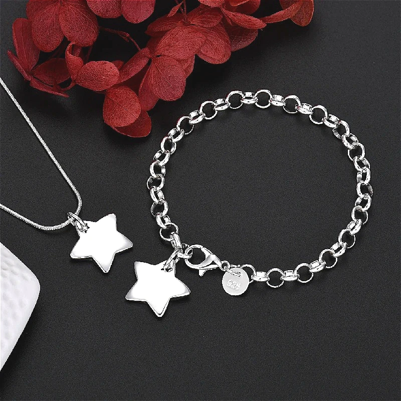2pcs Set Hot 925 Sterling Silver Elegant Star Bracelets Necklace for Women Fashion Party Wedding Jewelry Sets  Holiday Gifts