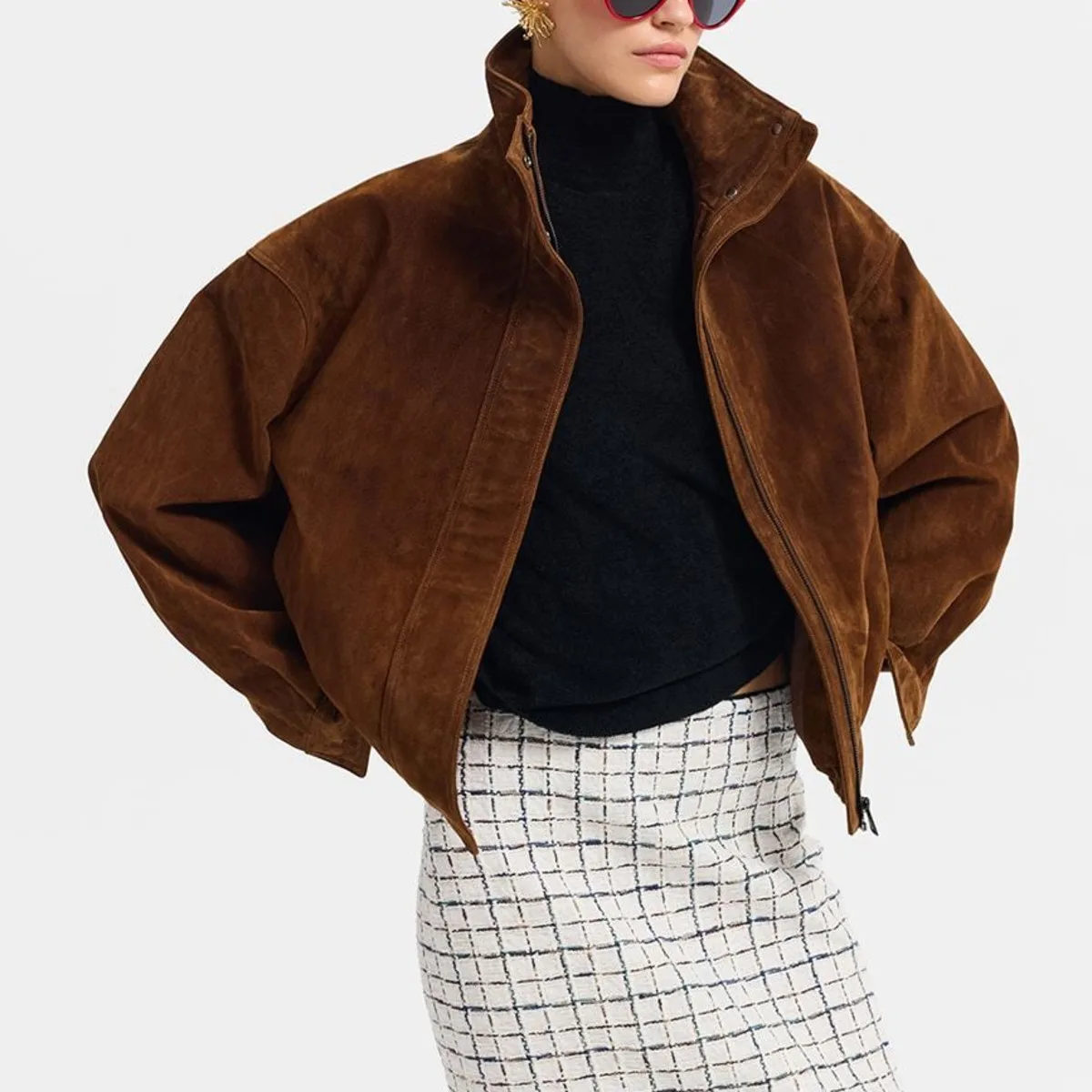 Women  Suede Stand Collar Hidden Placket Cropped Bomber Jacket, Side Pockets Elastic Hem, Winter Vintage Casual Street Outerwear