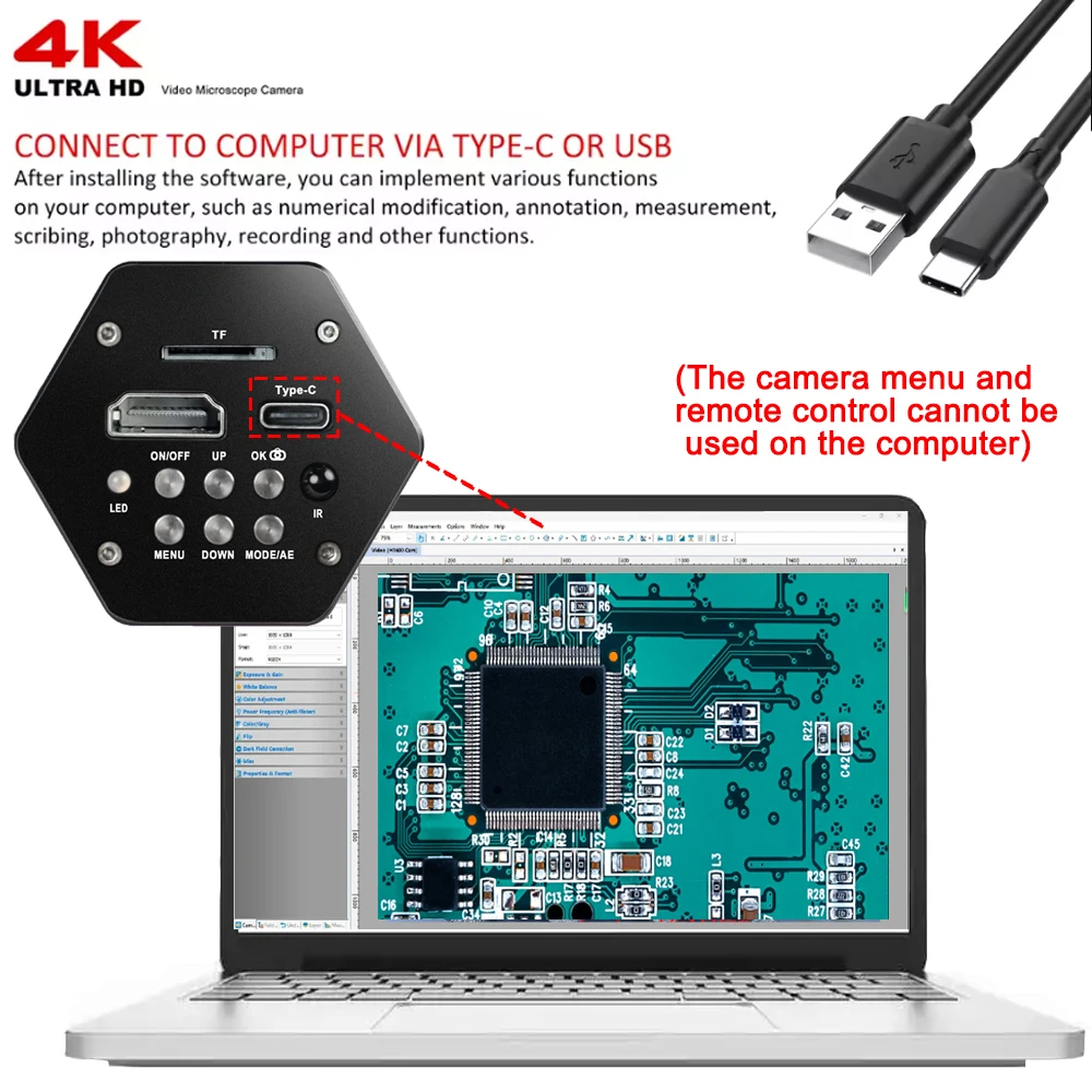 Powiększenie 215X Mikroskop cyfrowy 4K USB-C HDMI z bezpłatnym oprogramowaniem do lutowania PCB Naprawa zegarków, Mikroskop wideo do nagrywania