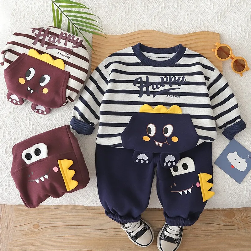 2026 Spring Autumn Baby Boys Clothing Sets Cotton Cartoon Dinosaur Striped Tops Pants 2PCs Suit For 1-5Year Kids Fashion Outfits
