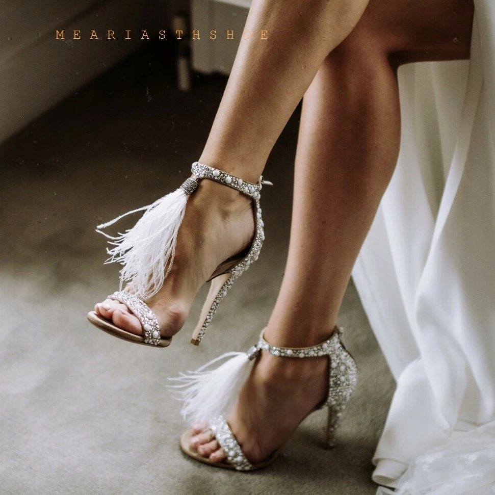 Women Sandals Summer Sexy open toe Pumps Rhinestone Zipper Feather High Heel Apricot Women Wedding Pumps Shoes Big size 34-43