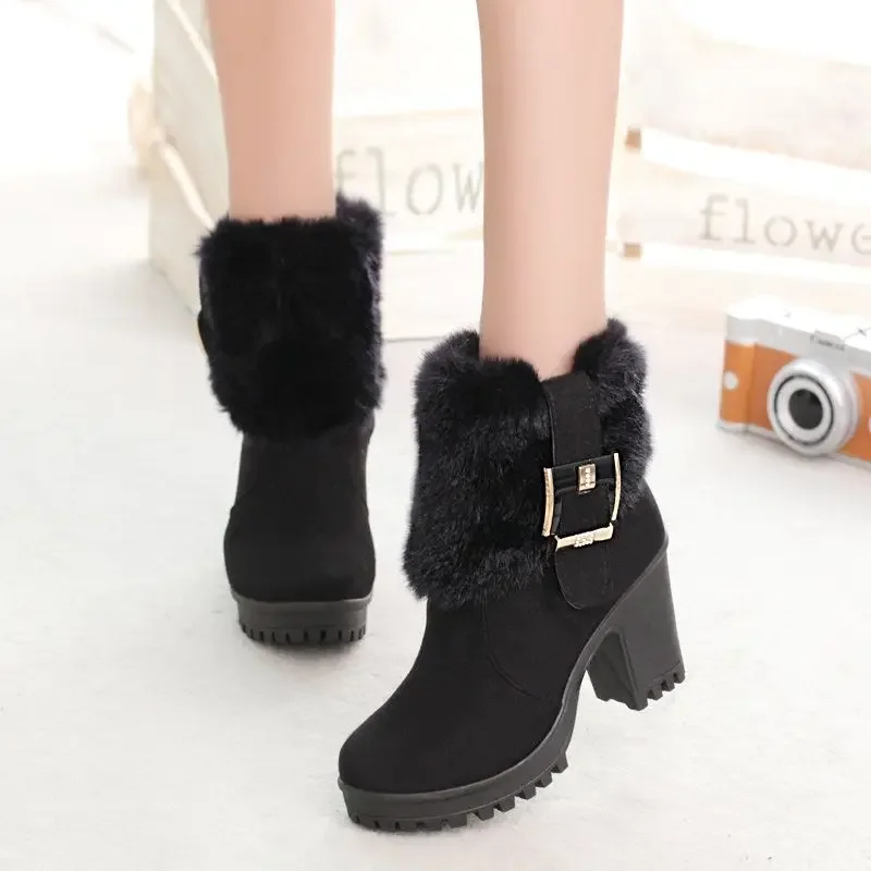 Women\'s Snow Boots Black Booties Suede Round Toe Ankle High Heels Shoes for Woman Elegant Heeled Gyaru Winter 2024 Novelty 39 Pu