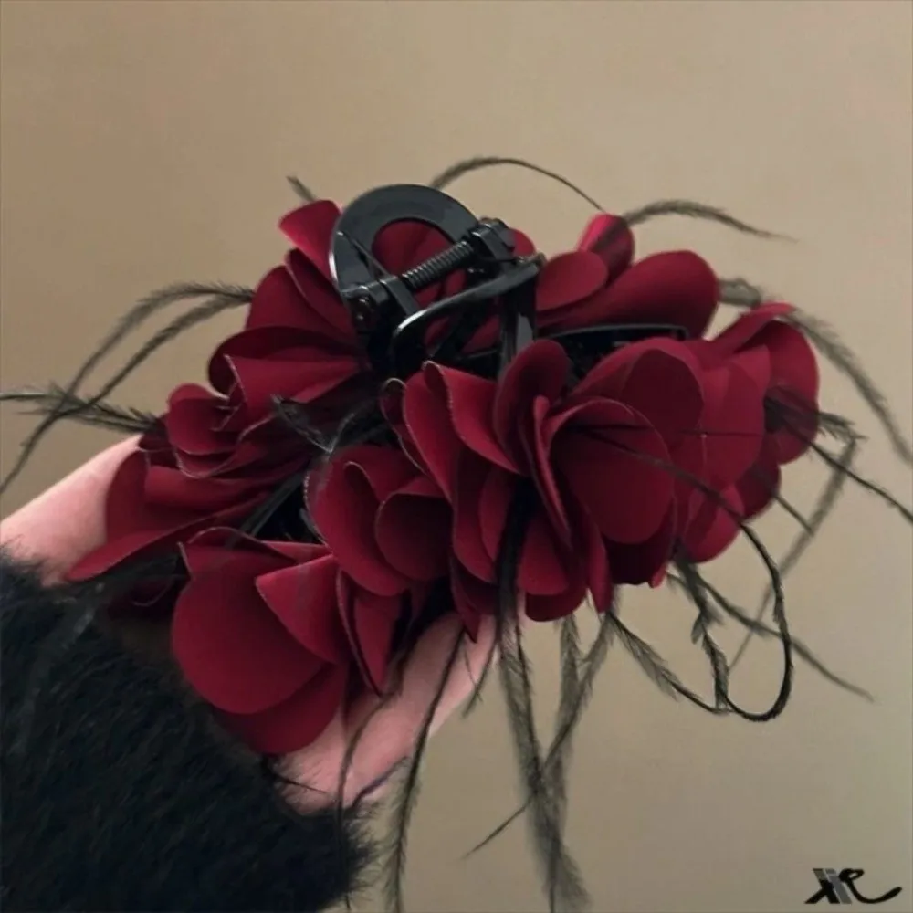 

Elegant Multi-layer Banana Hair Claw Red Pleated Shark Clip Bowknot Feather Hairpins Summer Vacation