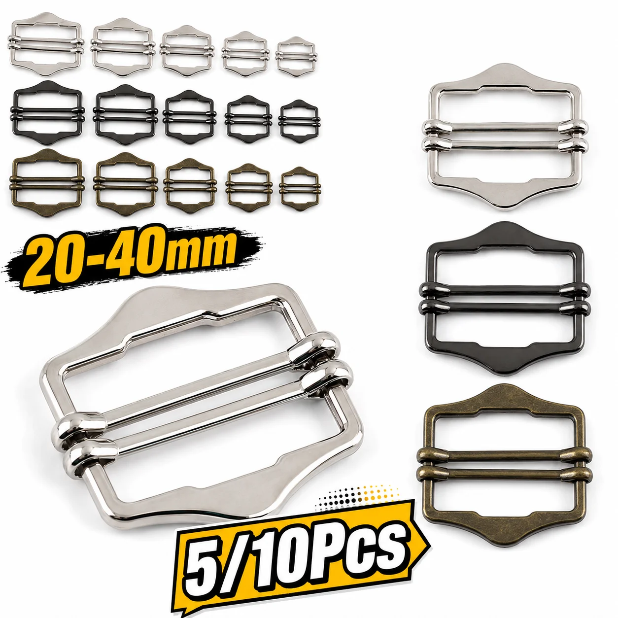 10/20Pcs 20-40mm Metal Double Pin Clasp Bag Strap Tri-Glide Slider Buckle Coat Decor Buckles Webbing Adjuster Hook DIY Accessory
