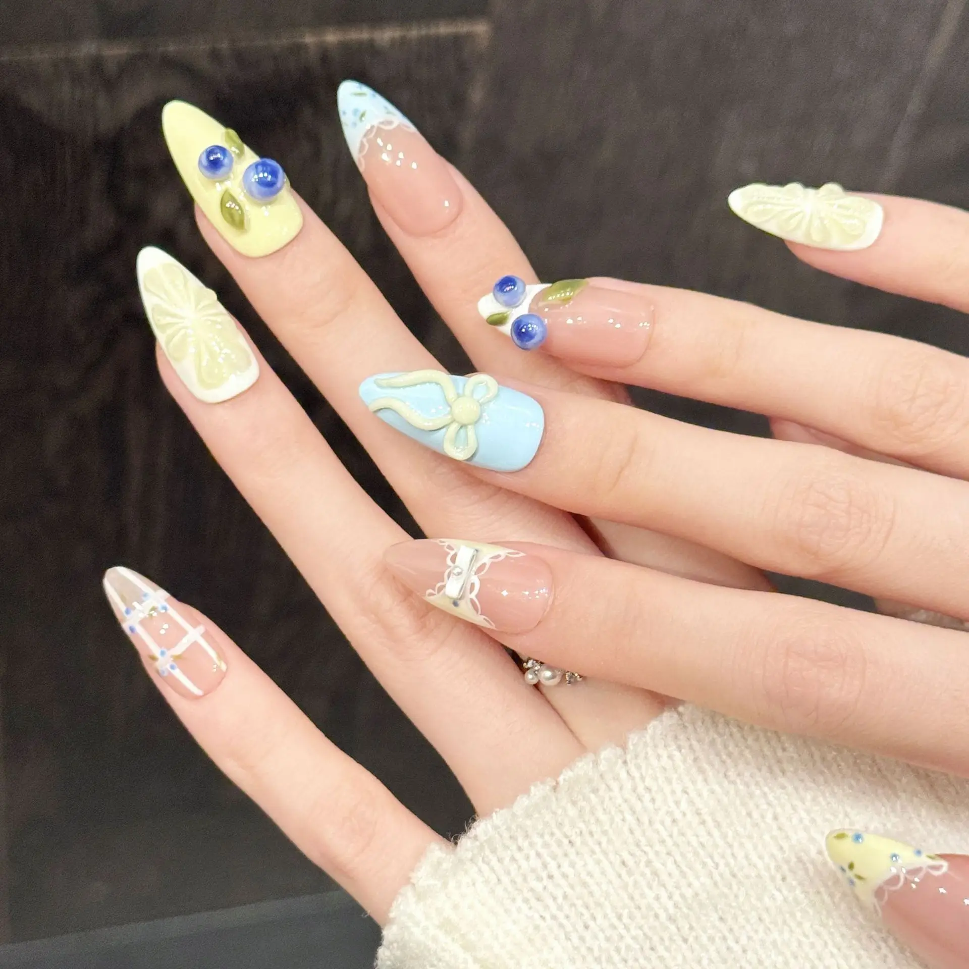 10pcs Pure Hand Pressed Medium Almond Nail Art,Beautiful Fake Nail, Pink And Yellow Contrast Lemon Blueberry,Suitable For Women