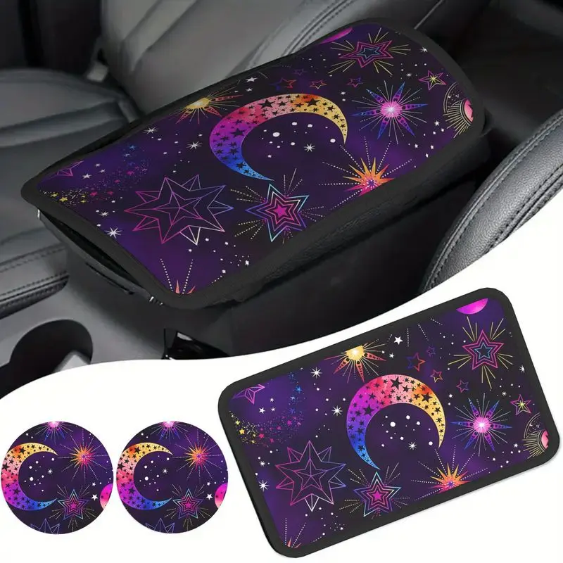 3pcs Purple Star & Moon Armrest Cup Holder Set with Cosmic Design Car Interior Accessories and Decorations for Men and Women,