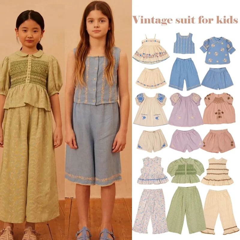 

Girls Short-sleeved Suit 2025 Summer New Printing Embroidery Sweet Children Camisole Shorts Cotton Casual Fashion Wide Leg Pants