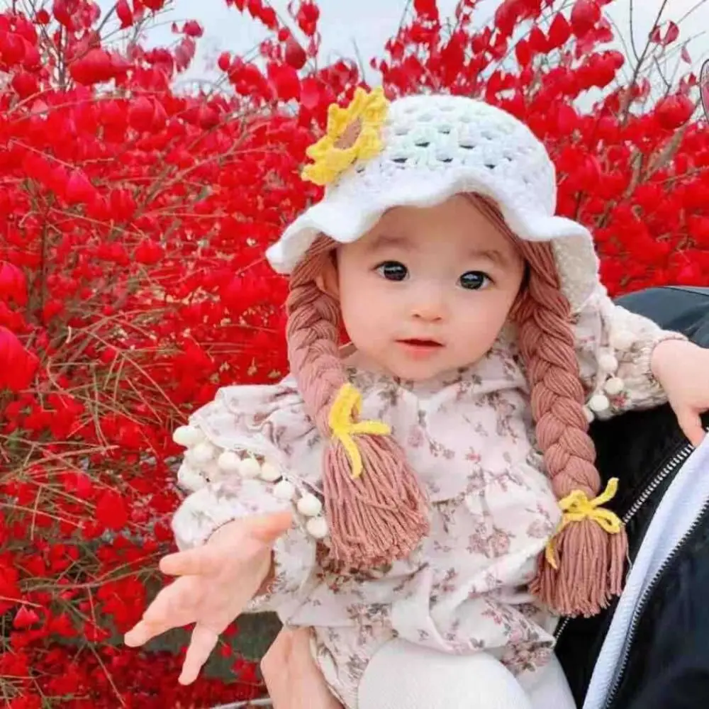 

Pink Bow Kids Wool Cap With Plaits Handmade Knitted Photoshoot Kids Wool Cap Braided Design Girls Style Infant Wigs