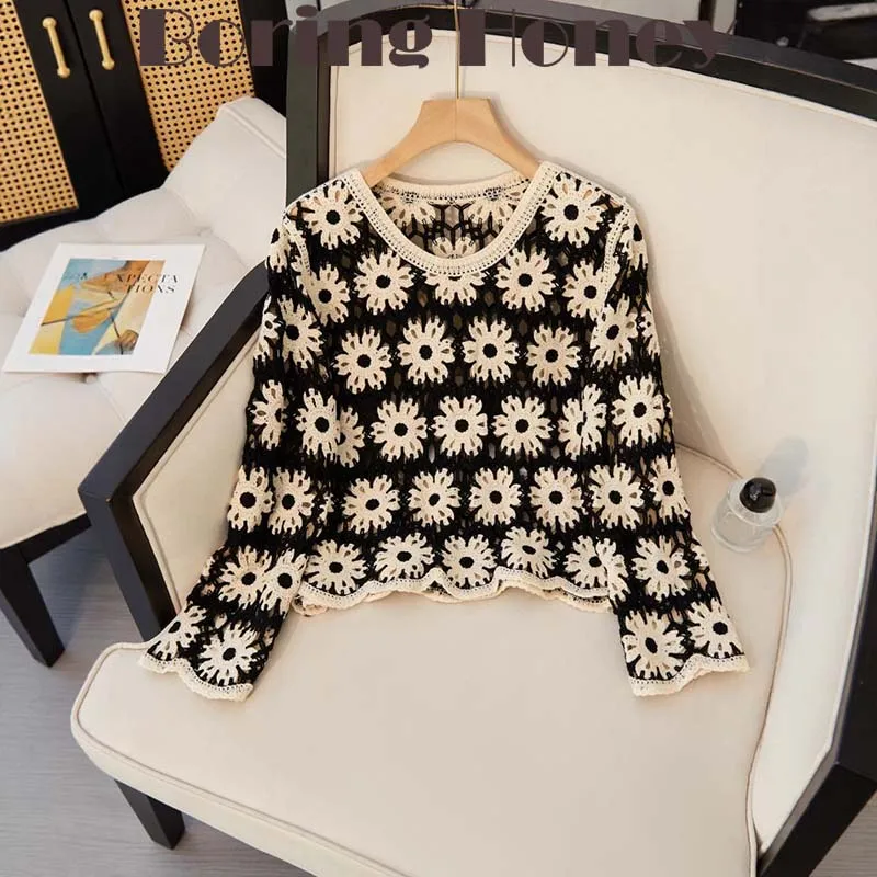 Boring Honey Autumn New Colorful Collided Hollow Out Top Women Hooked Bohemian Ethnic Style Knitted Sweater Long Sleeve T-shirt
