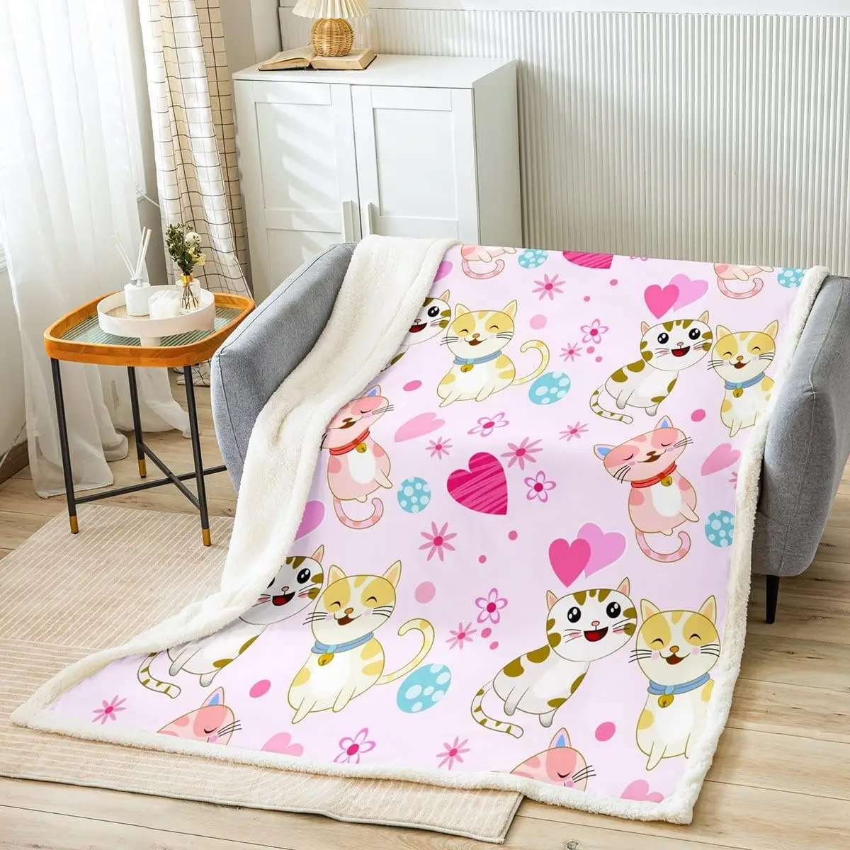 Cute Cats Throw Blanket Lovely Animal Bed Blanket for Kids Boys Girls Room Decor, Pink Heart Flower Print Blanket for