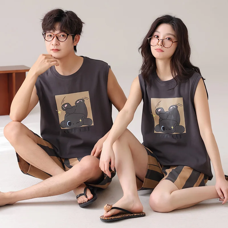 

Newest Summer Couple Pajama Set 100% Cotton Men And Women Sleeveless Pyjamas