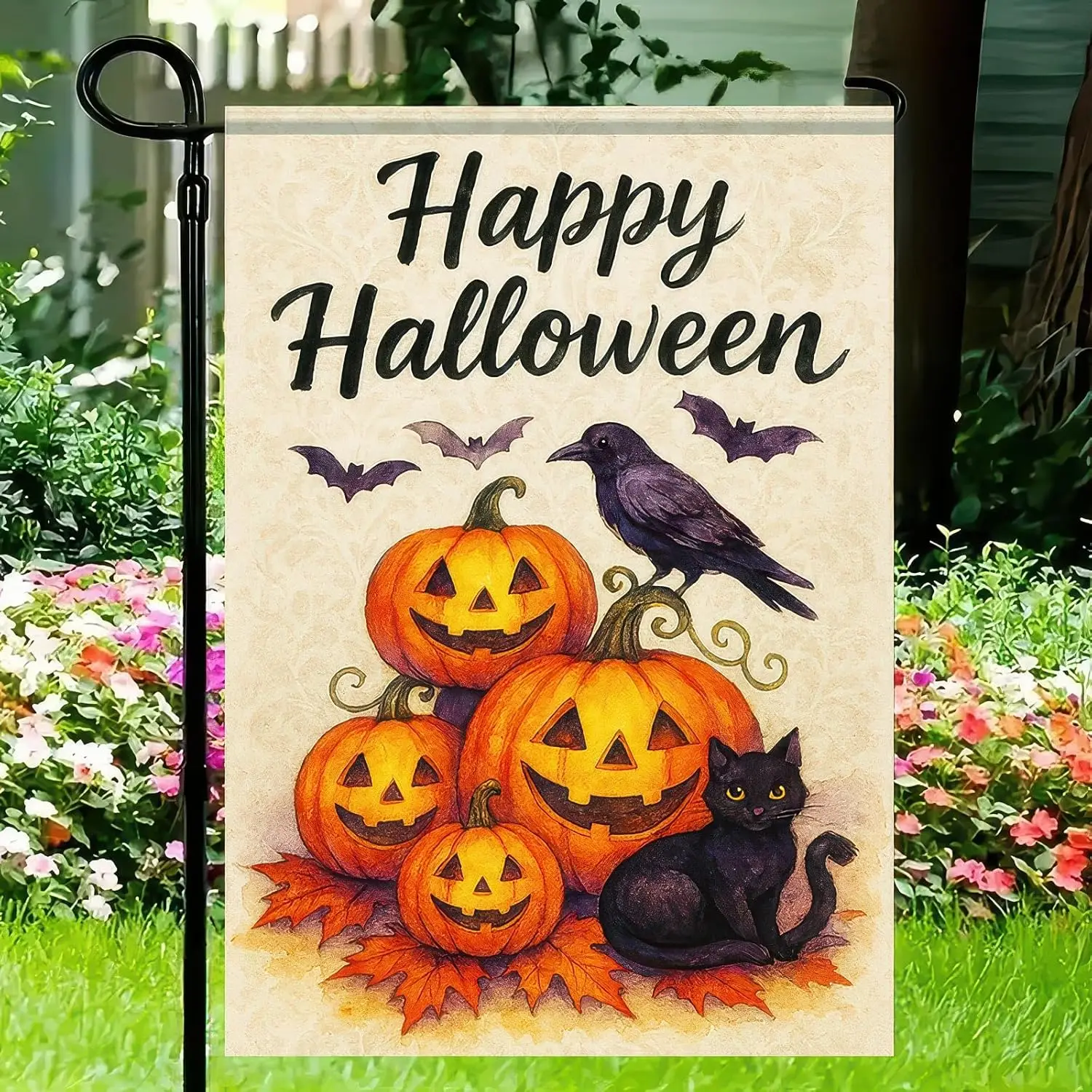 BlissYard Happy Halloween Garden Flag 12x18 inch Double Sided Pumpkin Flags Black Cat Banner Scary Raven Bat Jack-O-Lantern  WWP