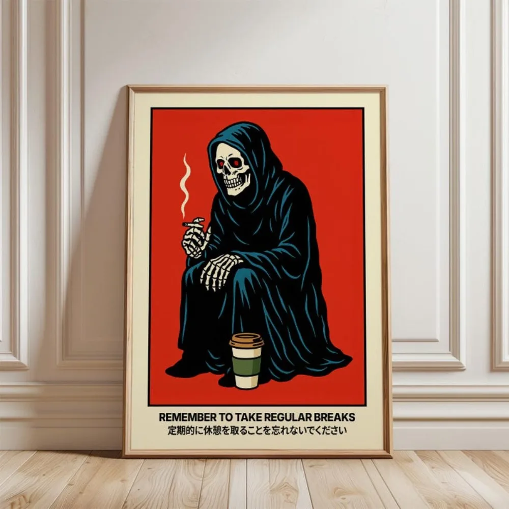 Grim Reaper Break Poster Take Regular Breaks Sign,Coffee Skeleton Wall Art,Dark Humor Print,Japanese Office Wall Art Decorati