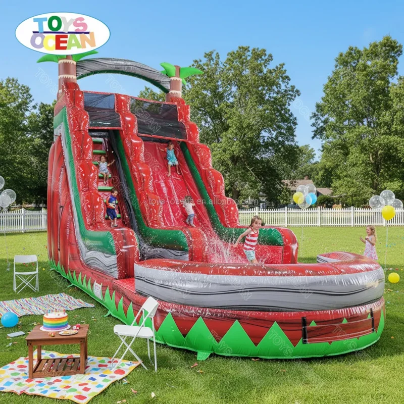 Red Jungle Palm Tree PVC Inflatable Water Slide with Pool | Outdoor Backyard Water Park for Kids Summer Birthday Parties