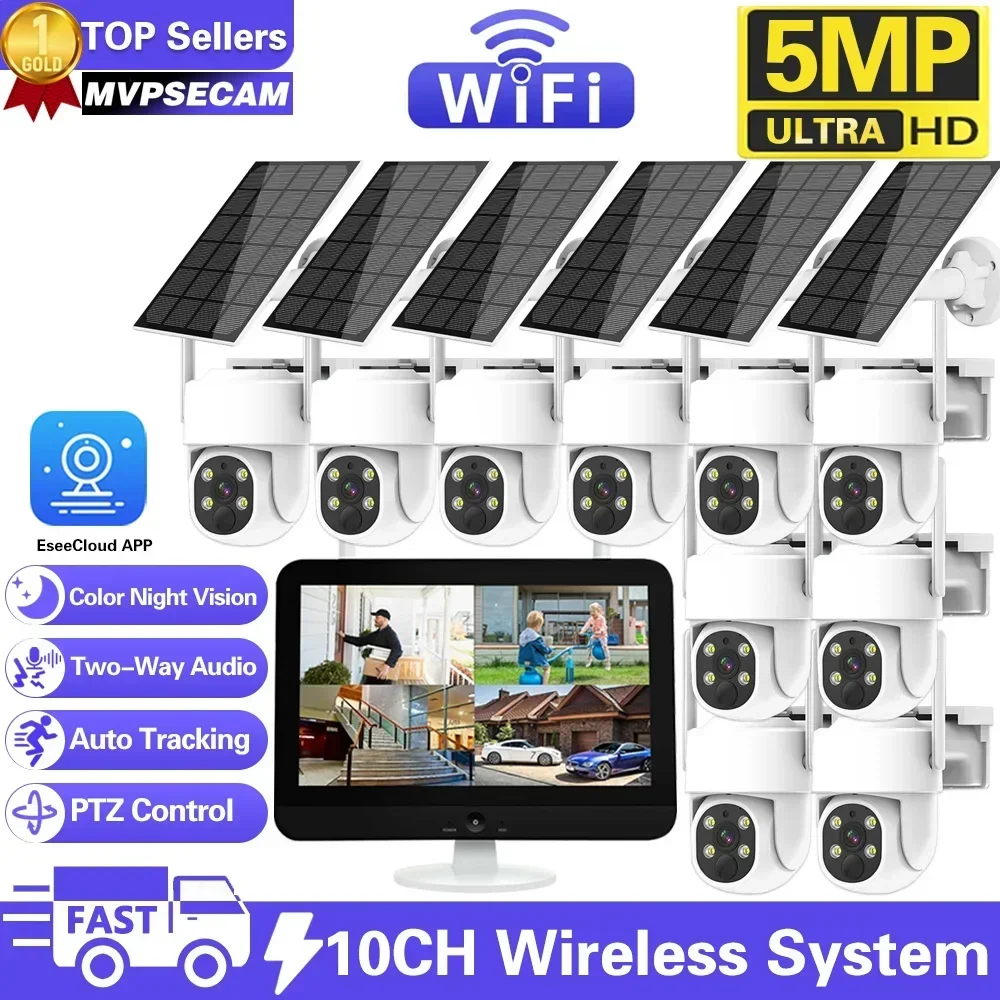 

10CH 5MP NVR Lower Consumption Solar Panel Battery Track Surveillance Sysrtem Wireless 4MP PTZ Security Camera Surveillance Kit