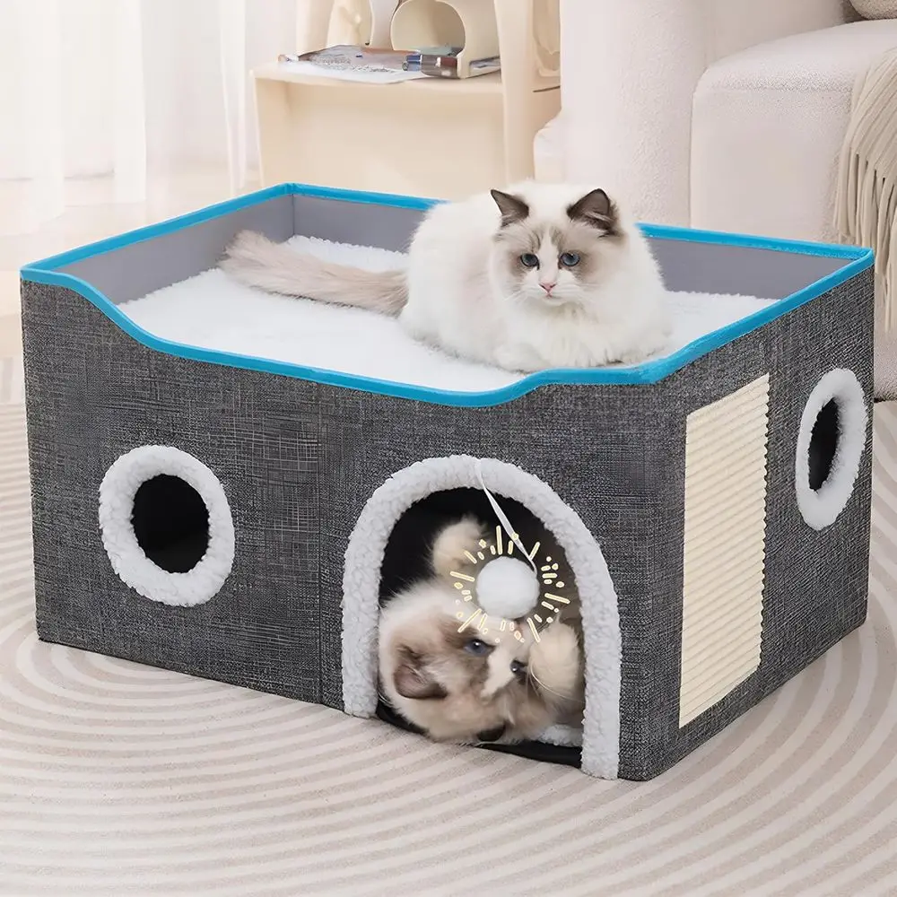 

Large Grey Cat Bed Cave with Scratch Pad, Lurking Ball, and Reversible Cushion for Multi-Pet Use