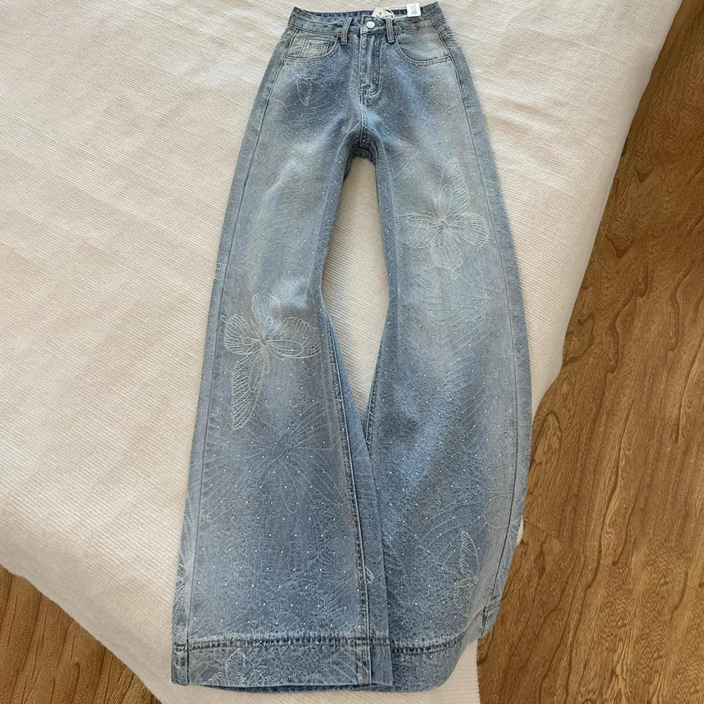 Trendy Butterfly Rhinestone Blue Jeans for Women Spring Autumn High Waist Straight Loose Denim Pants Chic Diamonds Jeans