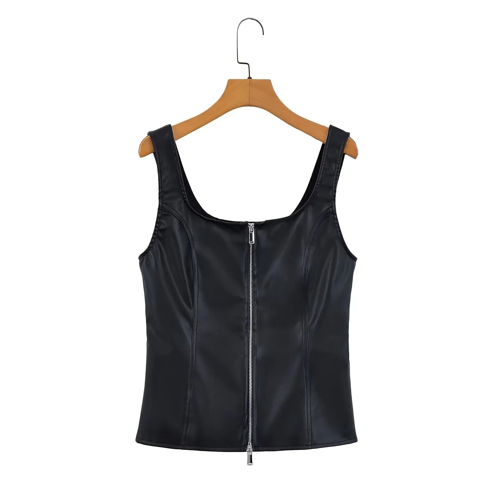 Zevity Women Sexy Front Zipper Decoration PU Leather Slim Vest Blouse Female Chic Strap Shirt Blusas Crop Tops LS7312