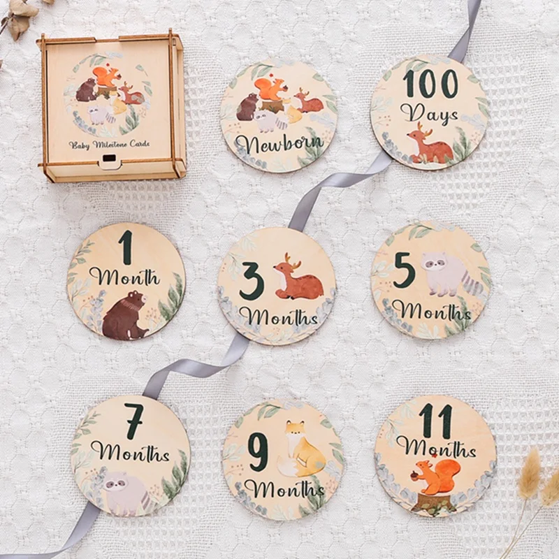 8Pcs Baby Wooden Milestone Cards 0-12 Monthly Memorial Cards Leaf Wooden Engraved Age Photography Accessories Newborn Birth Gift