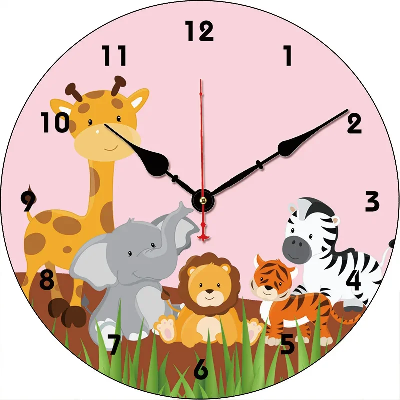 Cartoon Animal Lion Elephant Tiger Zebra Giraffe Wall Clock Round Silent Clocks Decor Home Bedroom Living Room Office Decoration