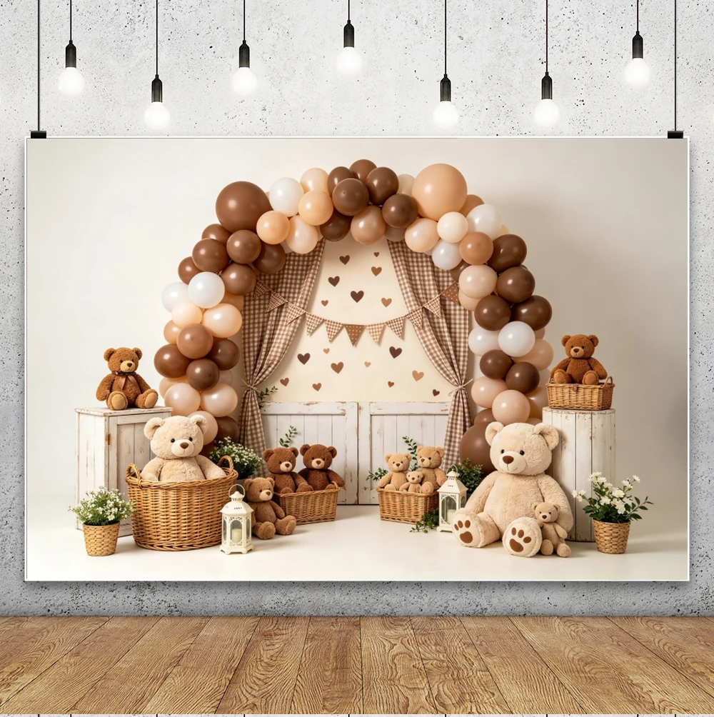 Teddy Bear Photography Background Brown Balloon Arch Bear Decoration Backdrop Baby Shower Kids Birthday Cake Smash Photo Studio